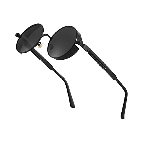 男士蒸汽朋克偏光太阳镜，专业紫外线防护，圆形哥特式色调女式，金属圆框