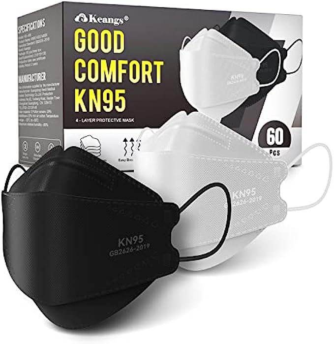 Keangs KN95 Face Masks 60 Pack, Breathable Protective Disposable Mask For for Adults And Teens, Black/White