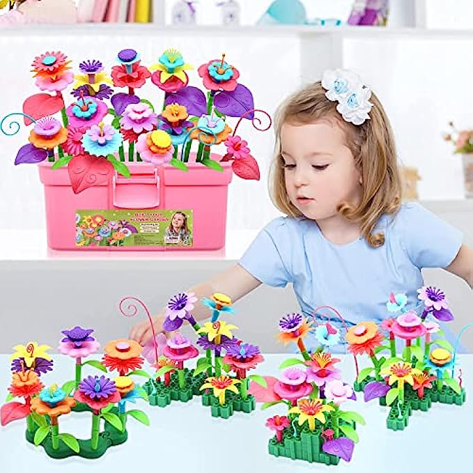 COSILY Flower Garden Building Toys, Growing Flower Blocks Playset with Handcase for Kids, 103 PCS Educational Play Set Preschool Activity Gift for Age 3, 4, 5, 6, 7 Years Old Toddler Girls