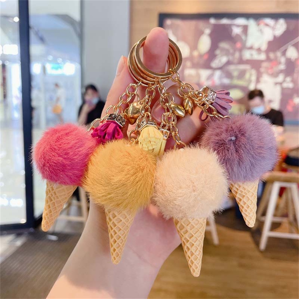 1pc Cute Mini Ice Cream Pom Pom Keyring With Tassel Fashion Student Fluffy Velvet Plush Keychain For Girls Bag Decoration Gift