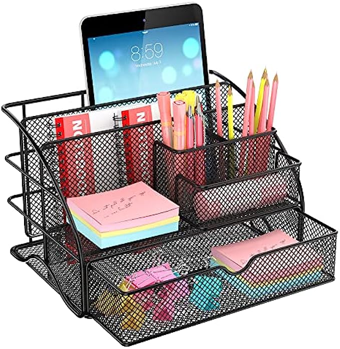 Desk Organizer, YASONIC Mesh Office Supplies Desk Accessories Features 6 Compartments + 1 Mini Sliding Drawer, Metal Desk Drawer Organizer with Pencil Holder and Storage Box