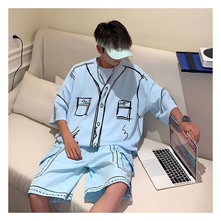 【X-MEN】150kg Graffiti sports suit men's plus size cargo ice silk short-sleeved two-piece set